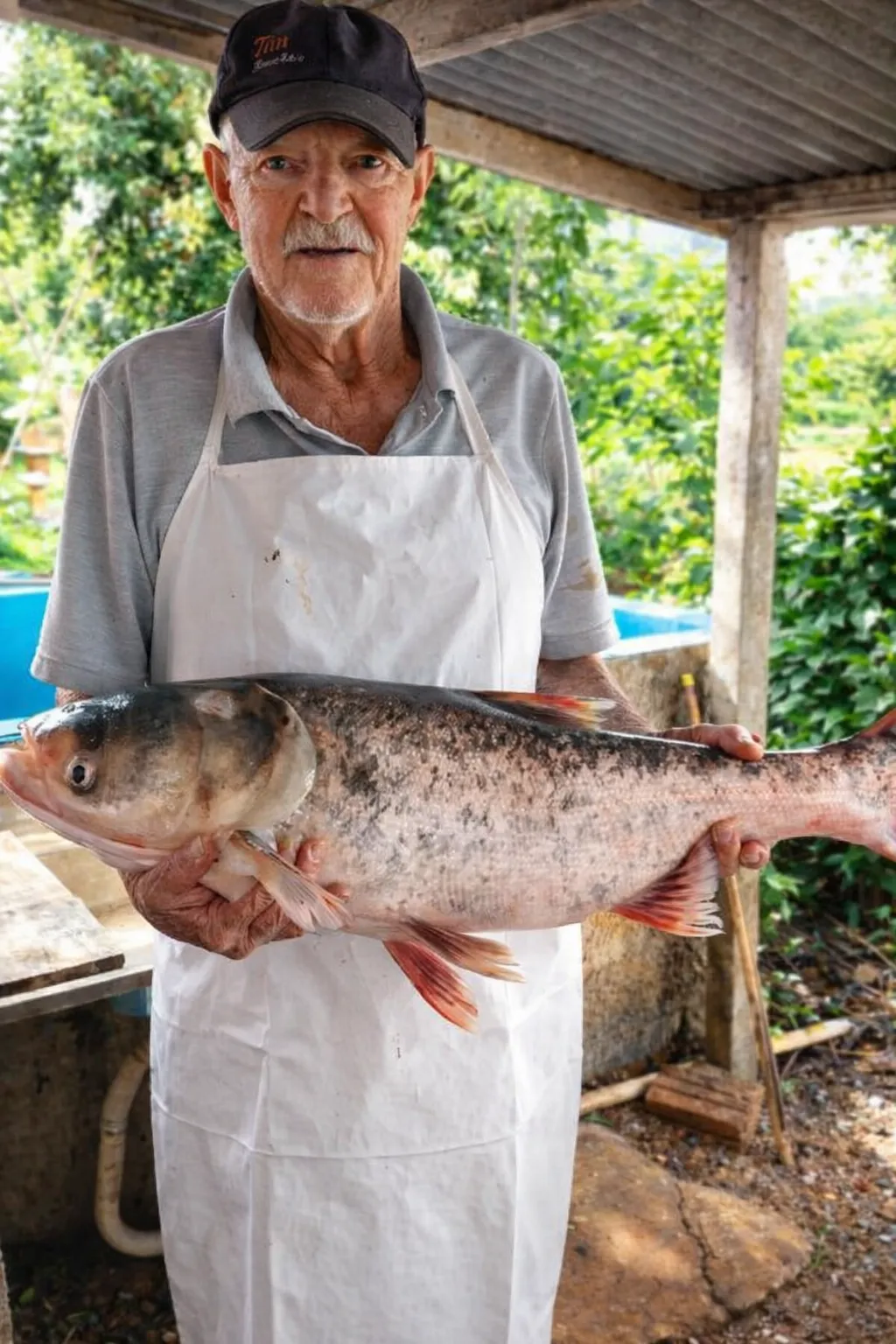 Seu Roque exibindo um peixão recém-pescado